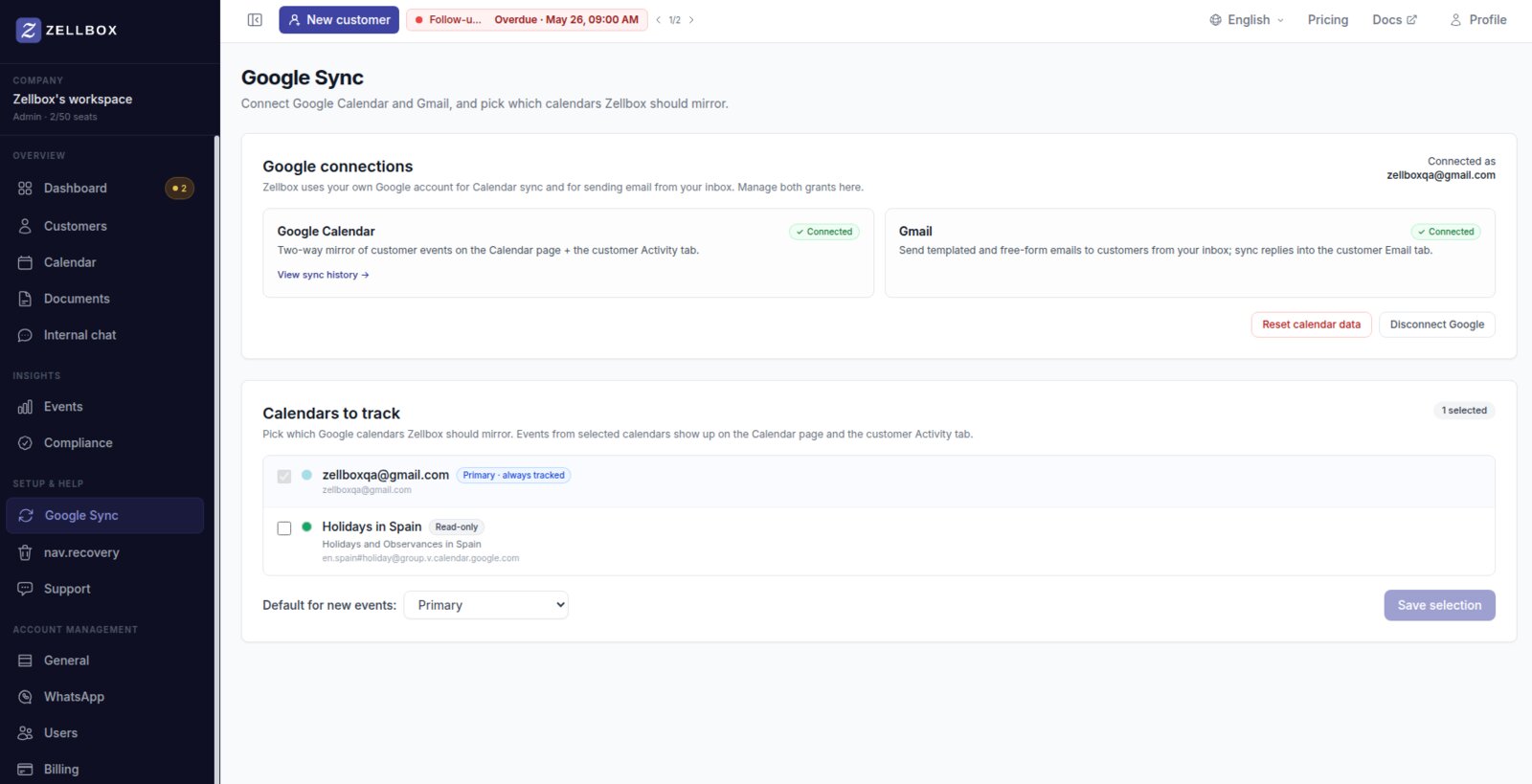 Zellbox's Google Sync settings page — Google Calendar and Gmail both with Connected badges, plus a Calendars to track picker