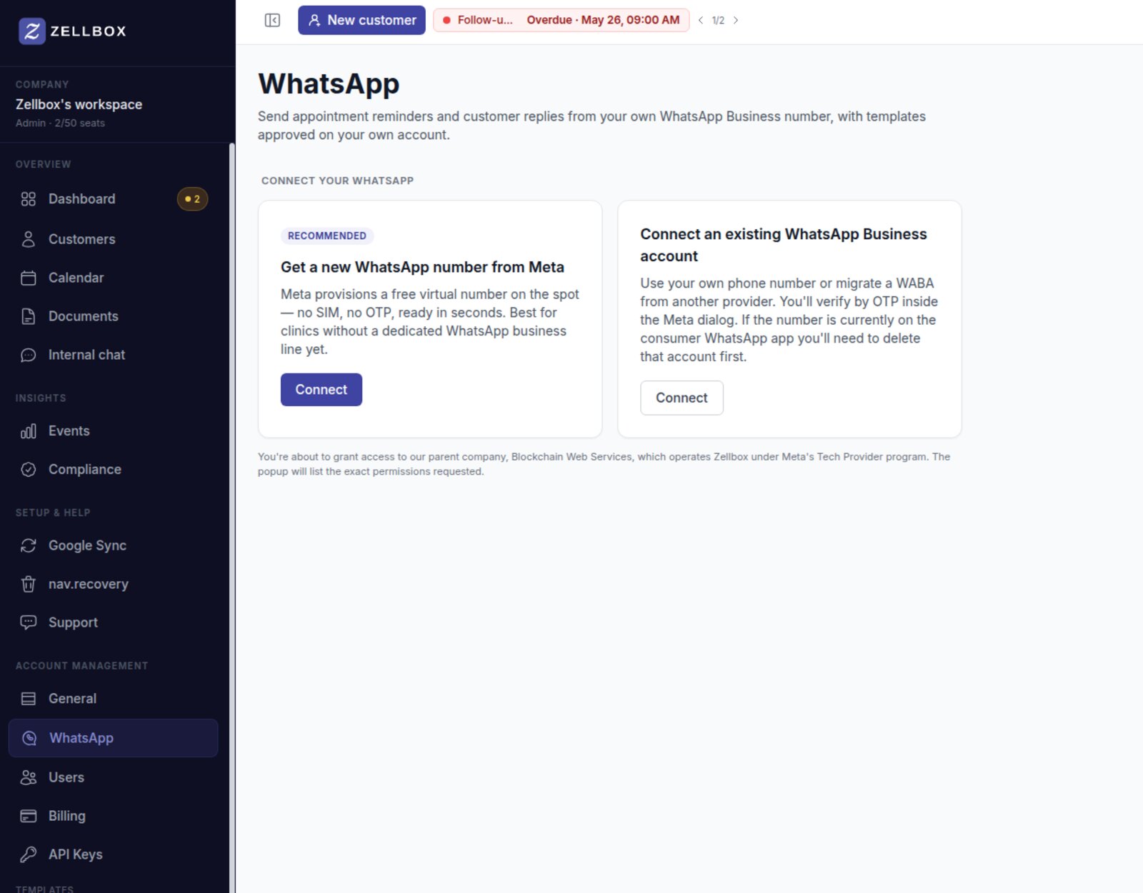 Zellbox WhatsApp settings page — Get a new WhatsApp number from Meta or Connect an existing WhatsApp Business account paths