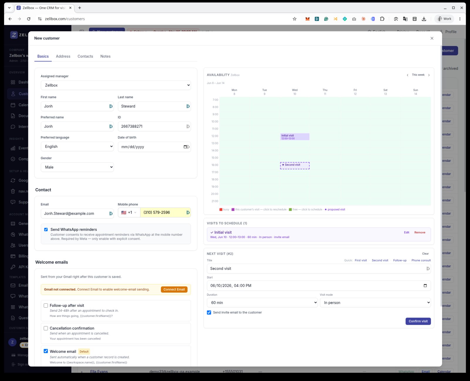 Zellbox's New Customer wizard — assigned manager, name and contact, Welcome emails picker, Availability calendar with two pre-scheduled visits