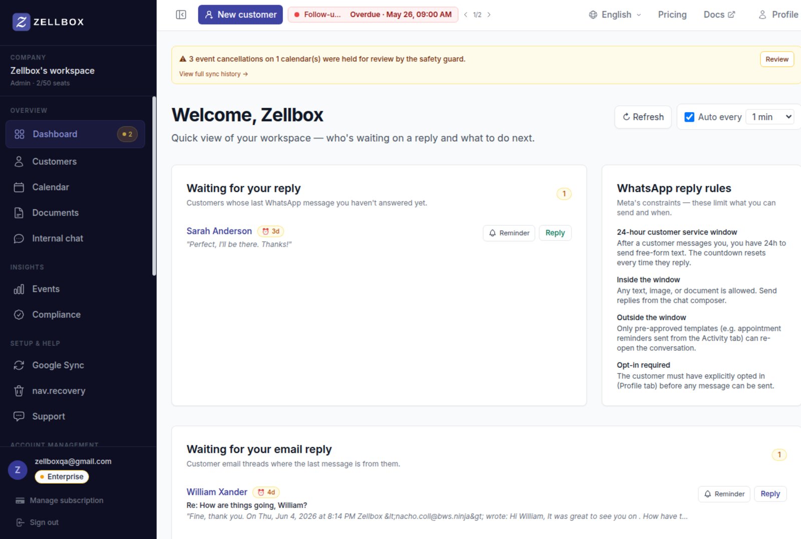 Zellbox dashboard — 'Waiting for your reply' WhatsApp widget alongside 'Waiting for your email reply', plus the 24-hour WhatsApp customer service window rules