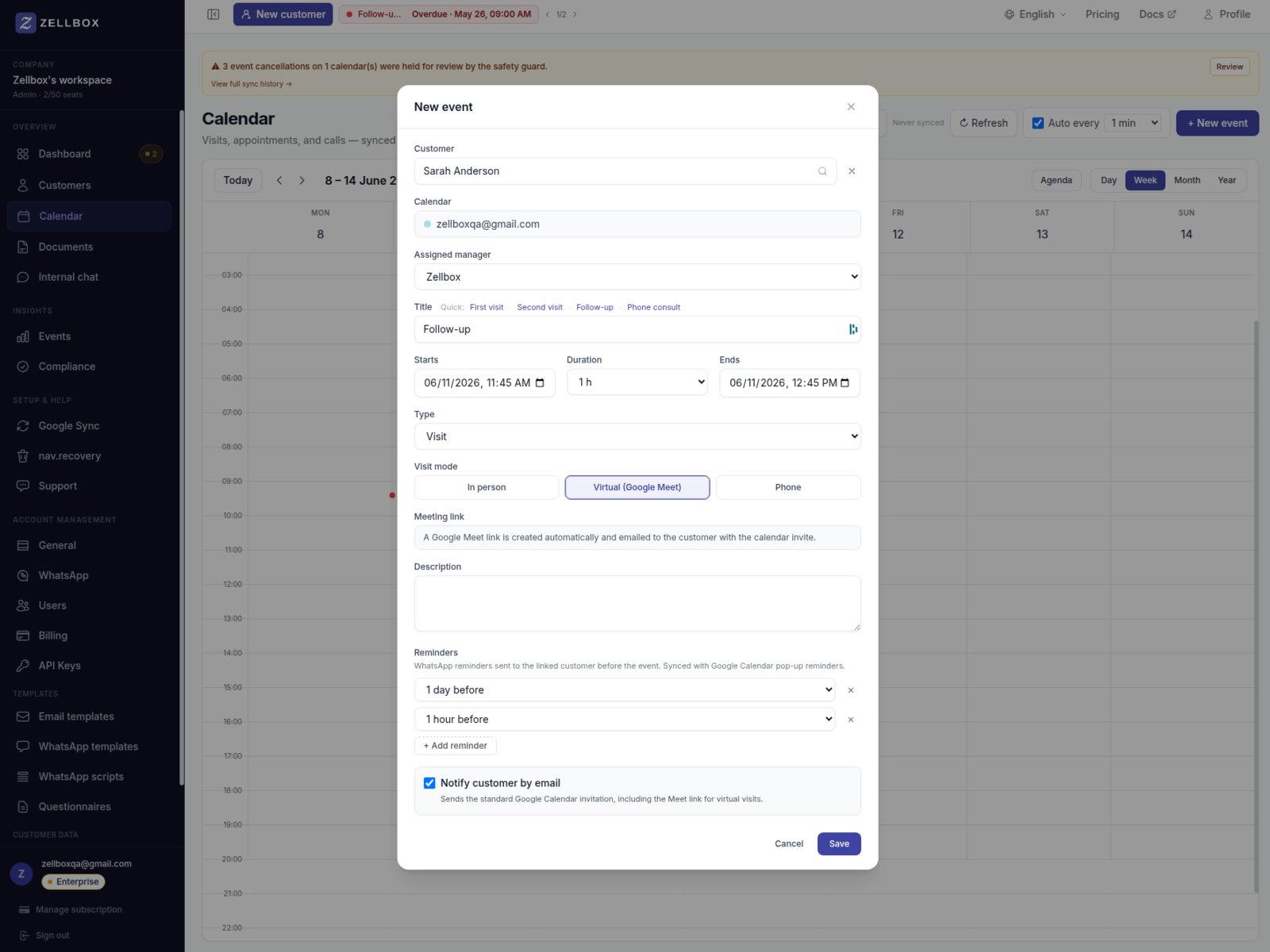 Zellbox New event modal — customer, calendar, assigned manager, visit type pills, date and duration pickers, Visit mode tabs (In person / Virtual Google Meet / Phone), reminders configuration