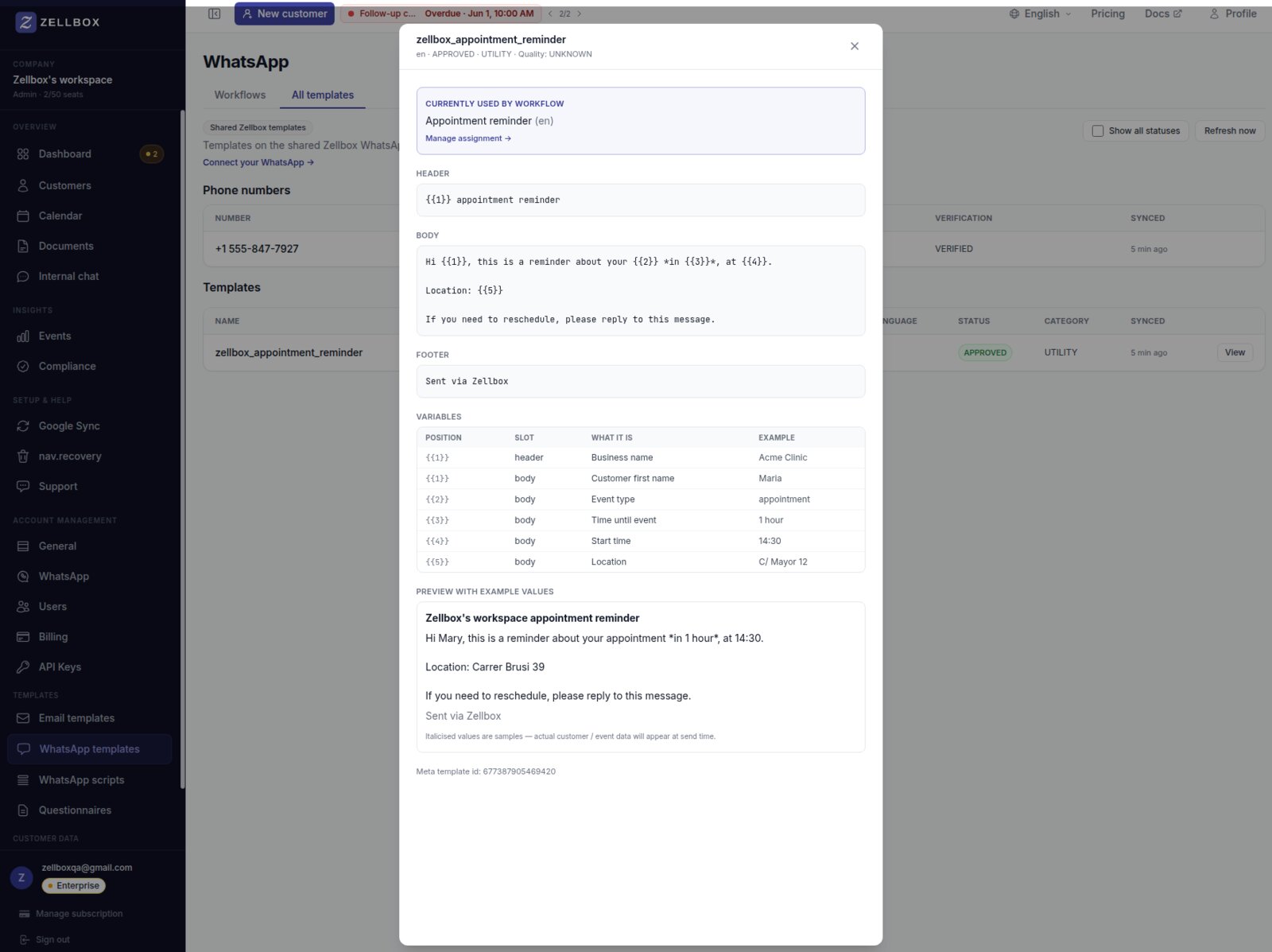 Zellbox WhatsApp Templates surface — workflows/all-templates tabs, a Phone numbers panel, and a template detail showing the appointment_reminder template with merge variables and a live preview