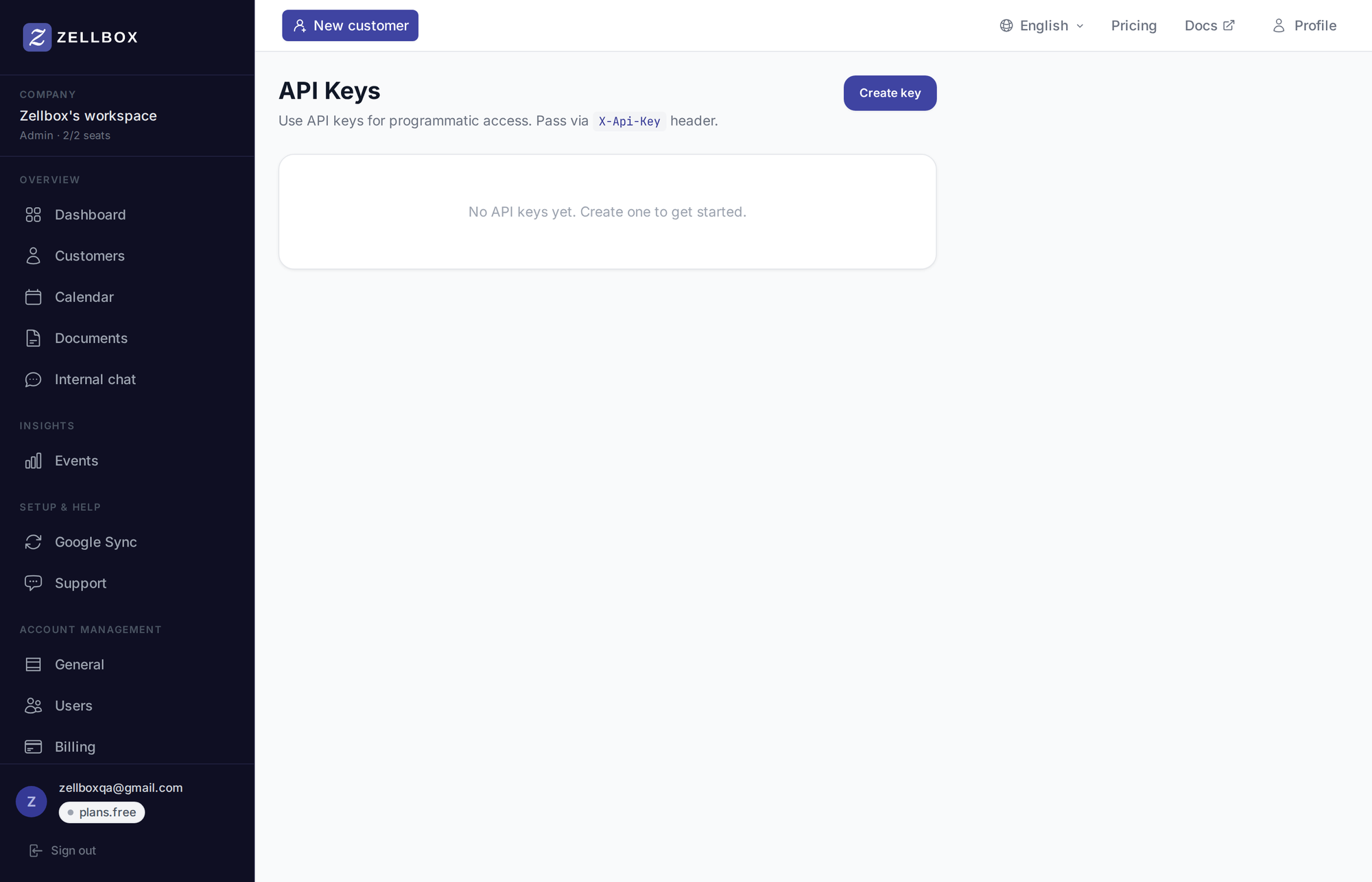 API keys page
