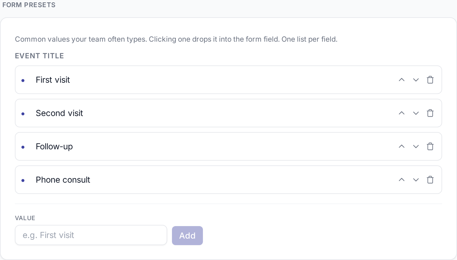 Form presets card on Account → General