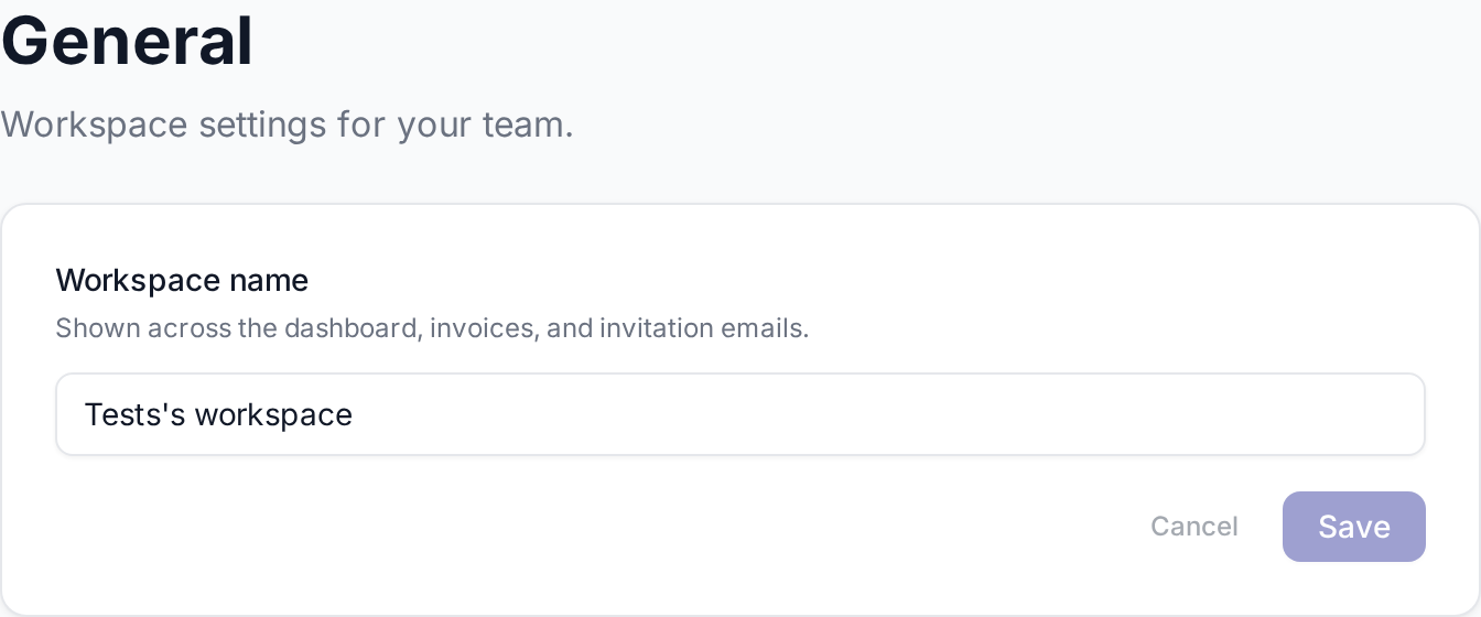 Account General page — plan + workspace + customer-reminder defaults