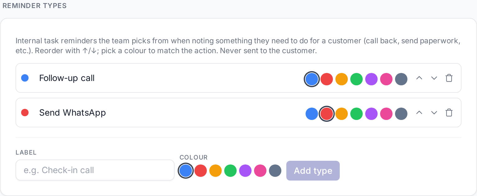 Reminder types card on Account → General