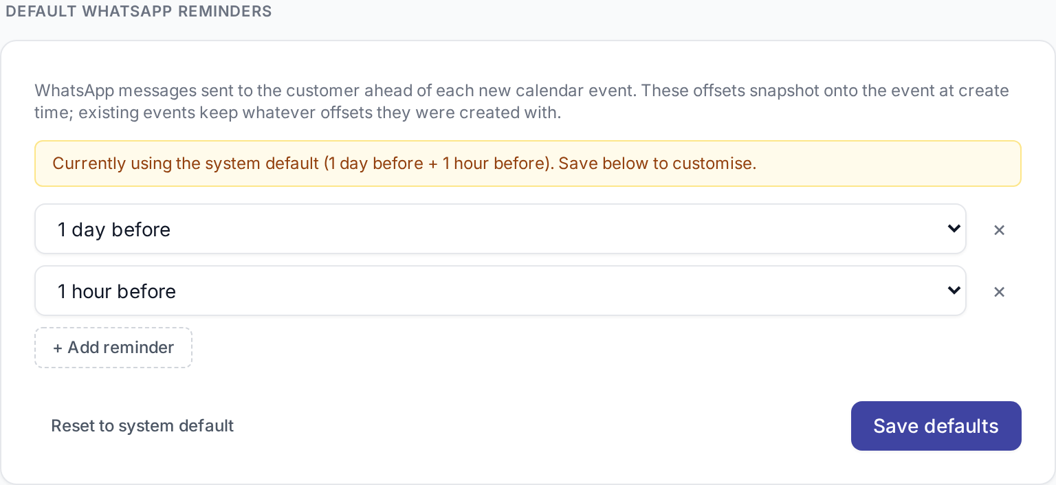 Default WhatsApp reminders card on Account → General