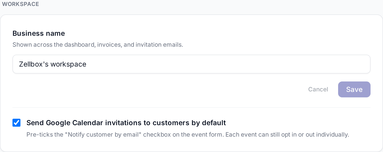 Workspace card on Account → General