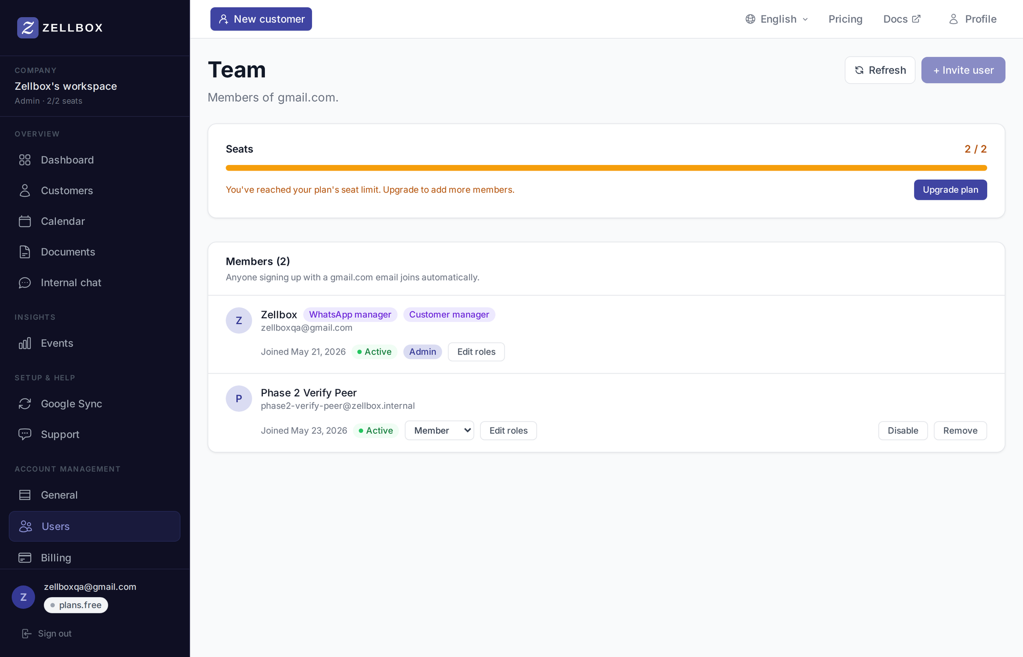 Team page with one member