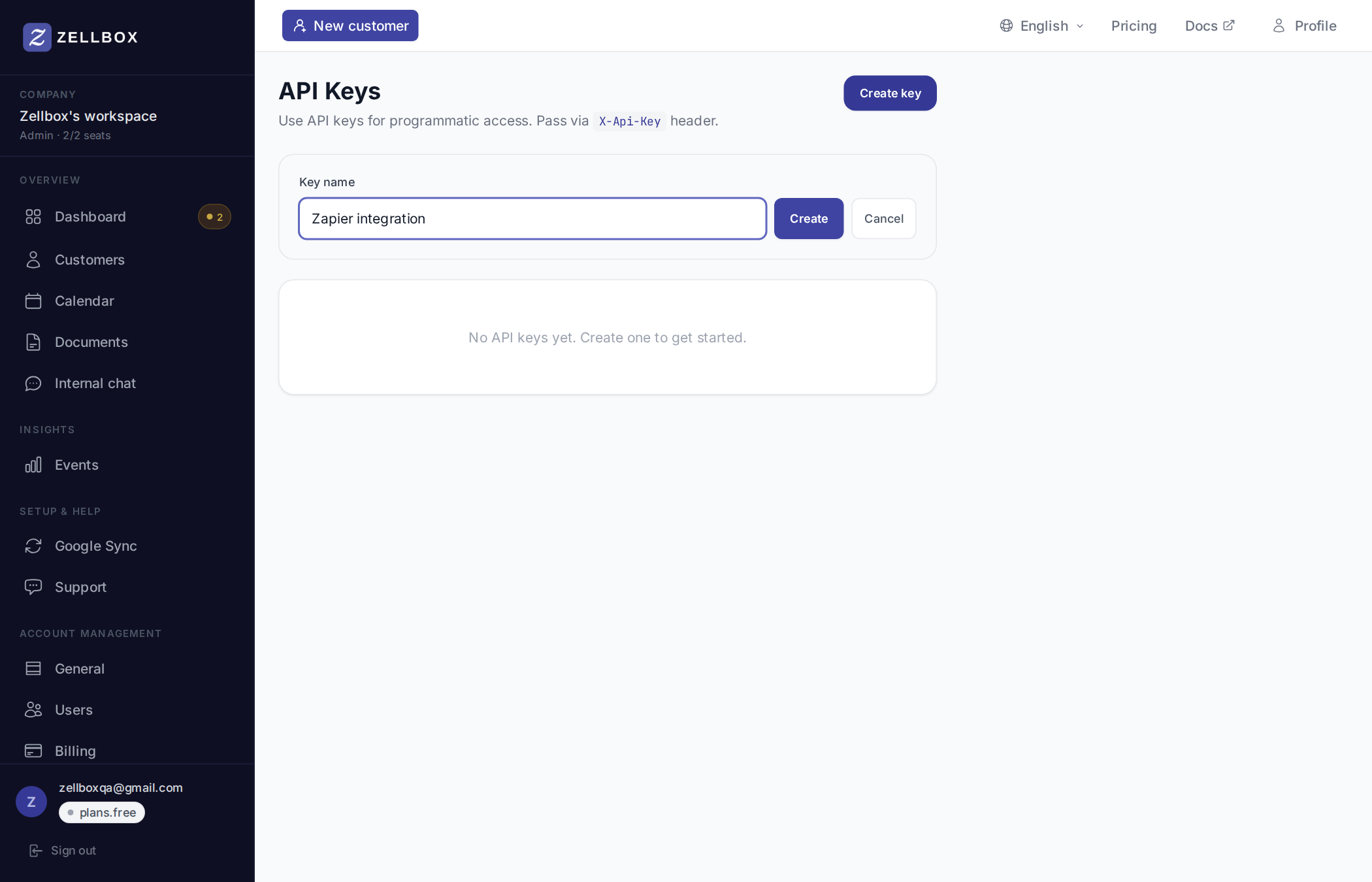 API keys page with the inline Create form filled with a sample label