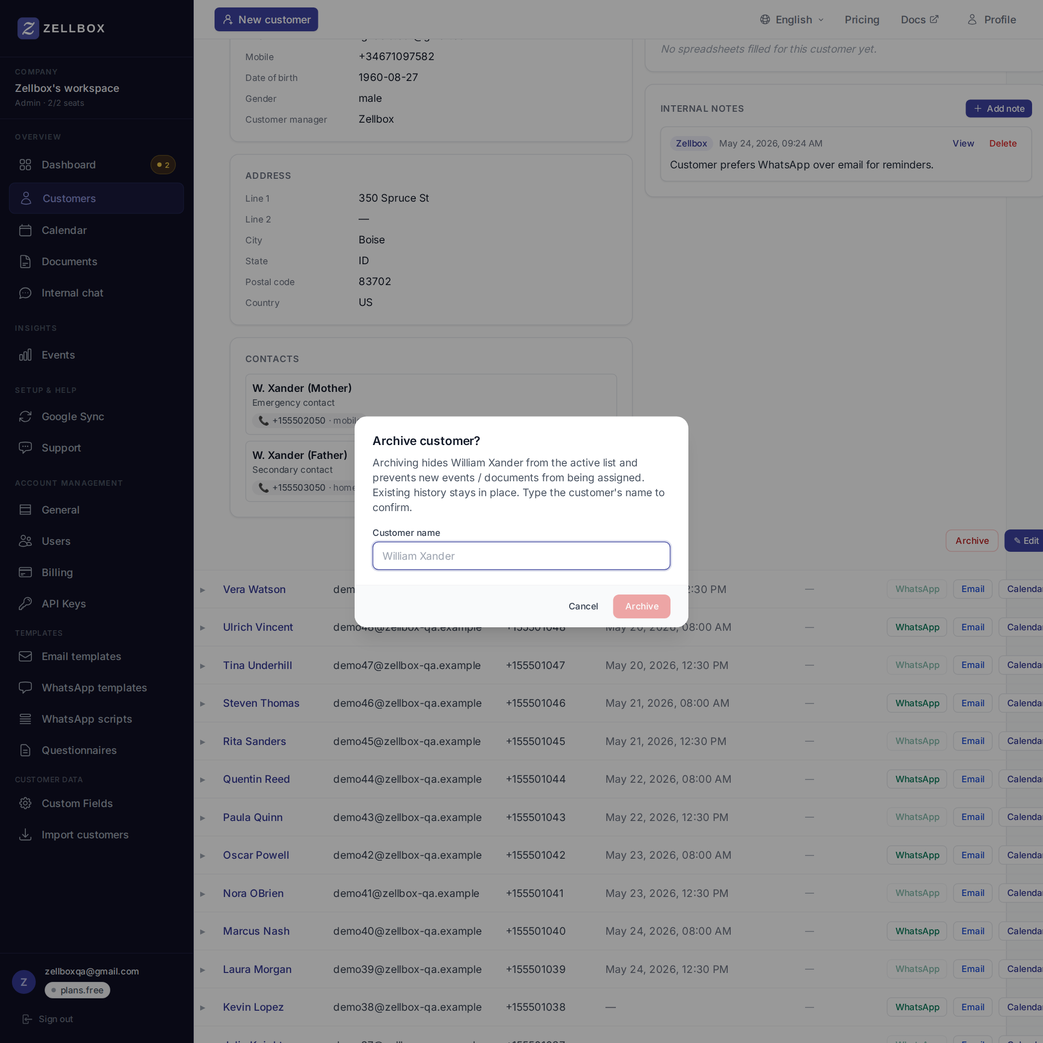 Archive customer confirm dialog — type the customer's display name to enable the destructive button