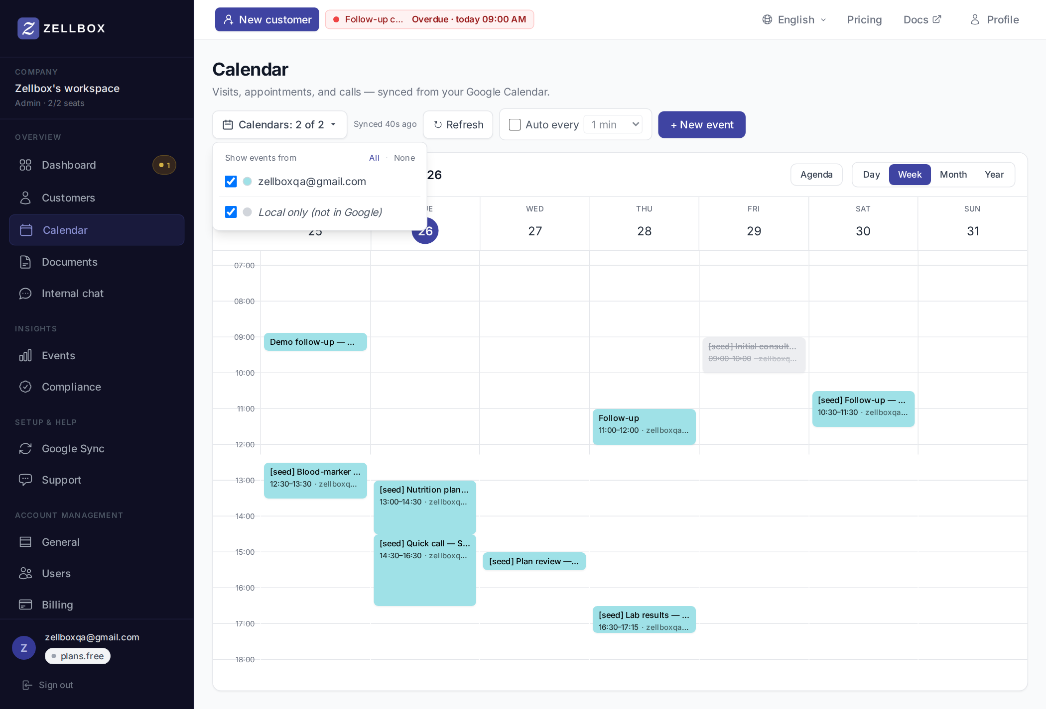 Calendar page with the calendar-filter pill open — per-calendar tick boxes for each Google calendar you have access to