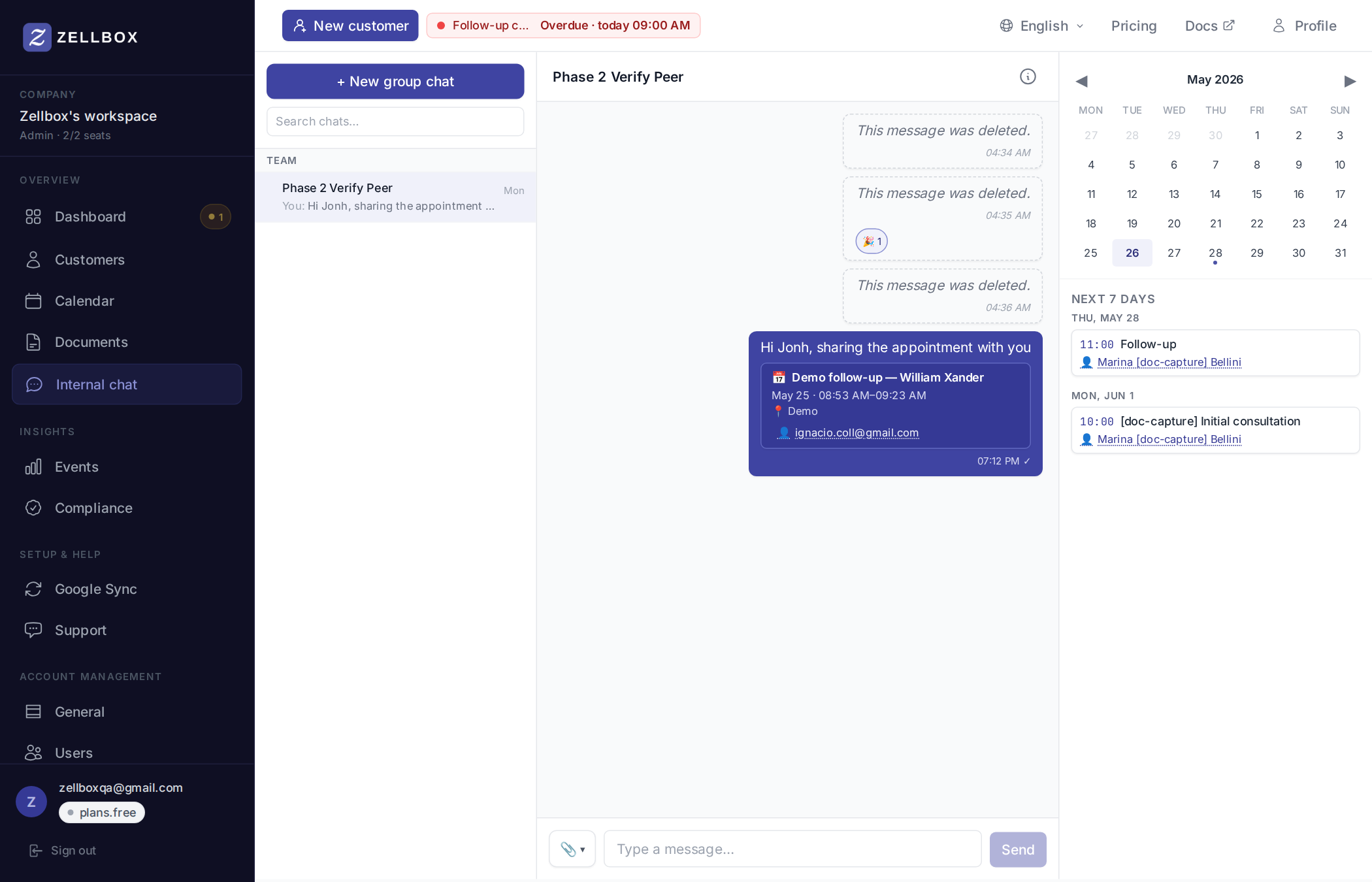 Internal chat page โ Team rail, an active conversation with a shared event card, and the right-rail schedule context