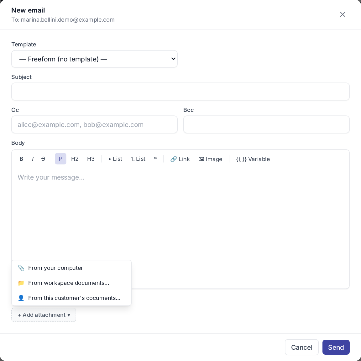 Email composer with the + Add attachment menu open showing the three sources: From your computer / From workspace documents / From this customer's documents