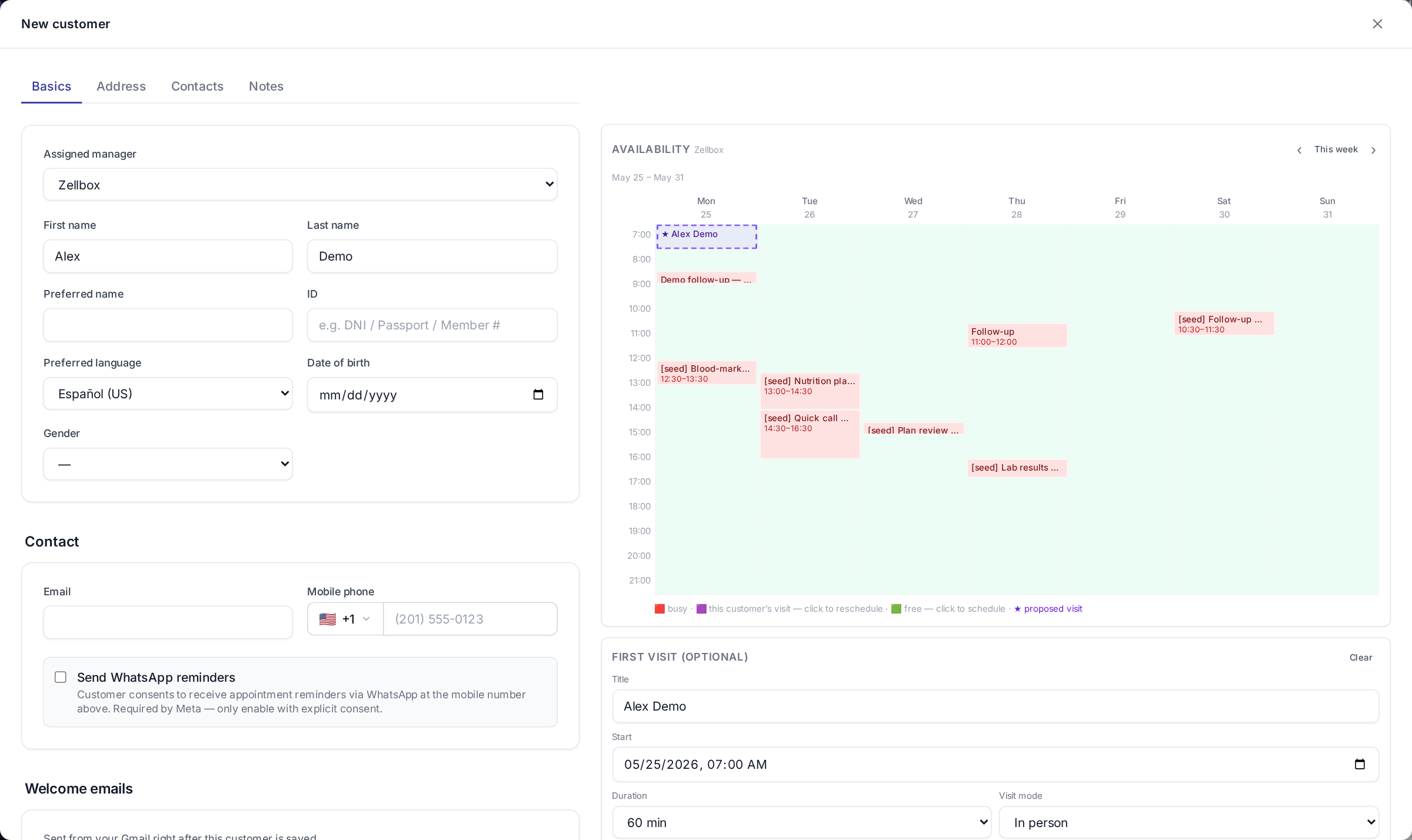 Customer create form with an assigned manager picked and a free slot selected on the right-column availability calendar — the visit draft appears at the bottom right