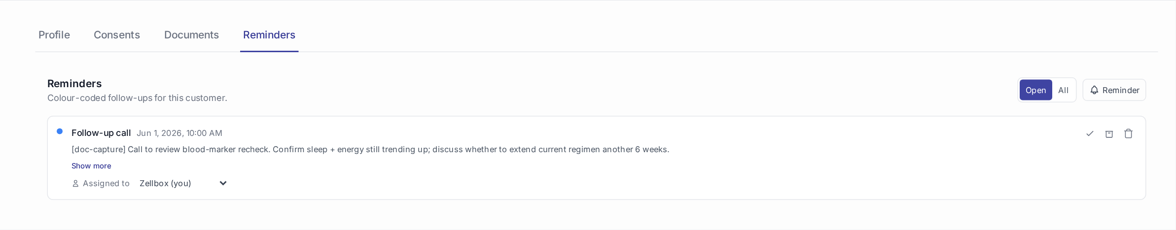 Customer detail — Reminders tab