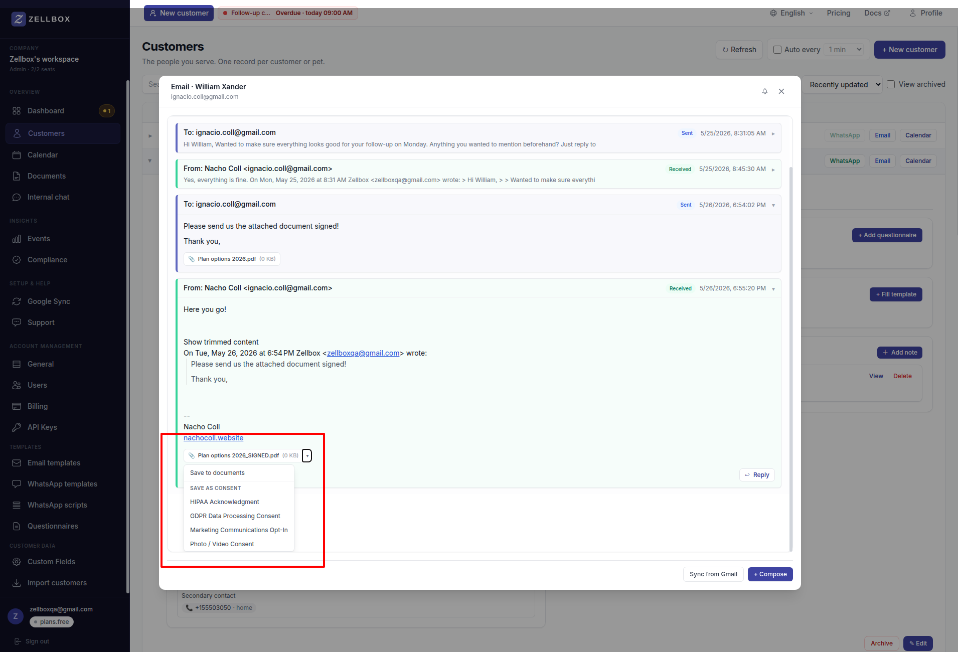 Inbound email attachment chip with the download button and the ▾ split menu open showing "Save to documents" and "Save as consent" options