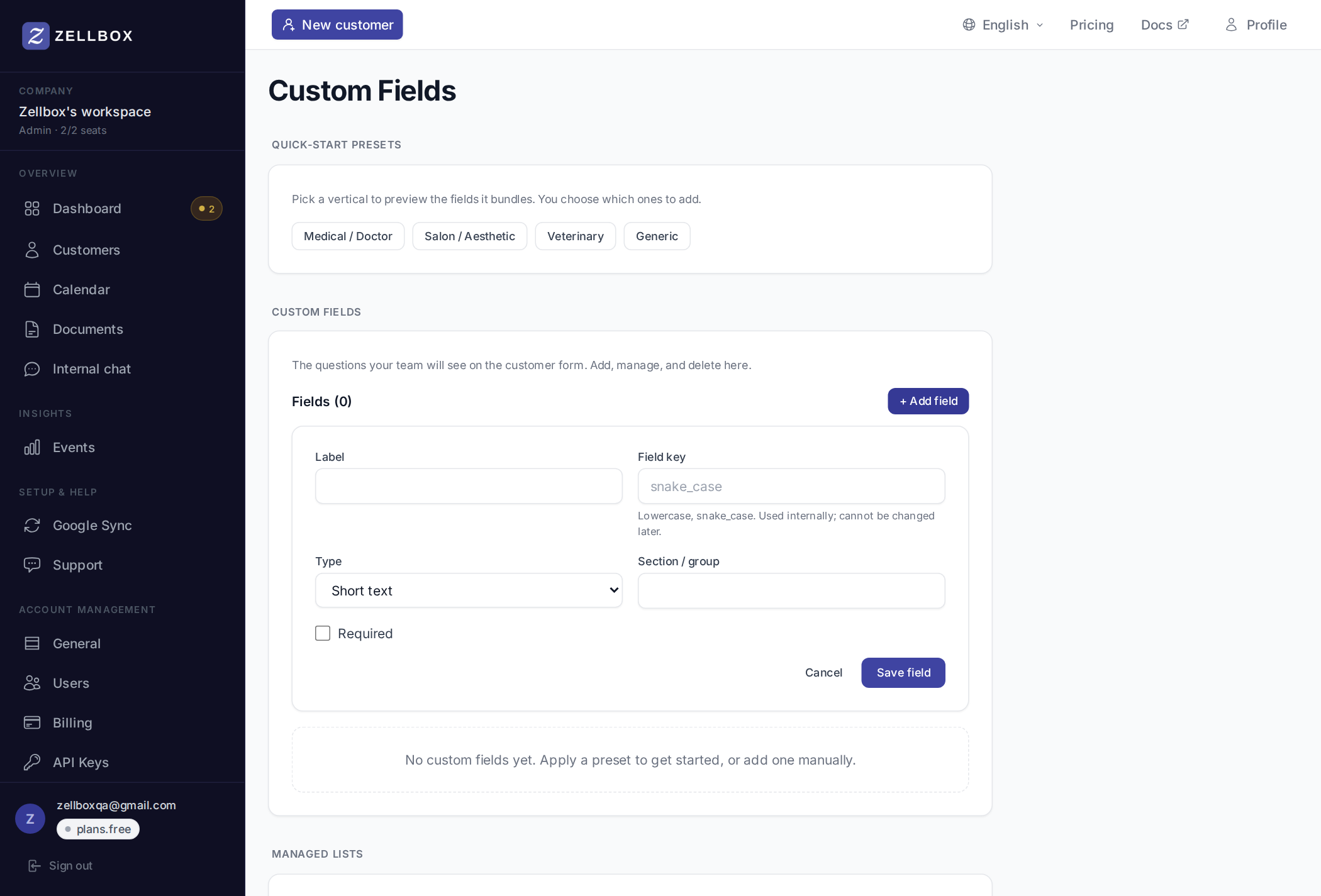 Custom Fields page with the inline + Add field form open