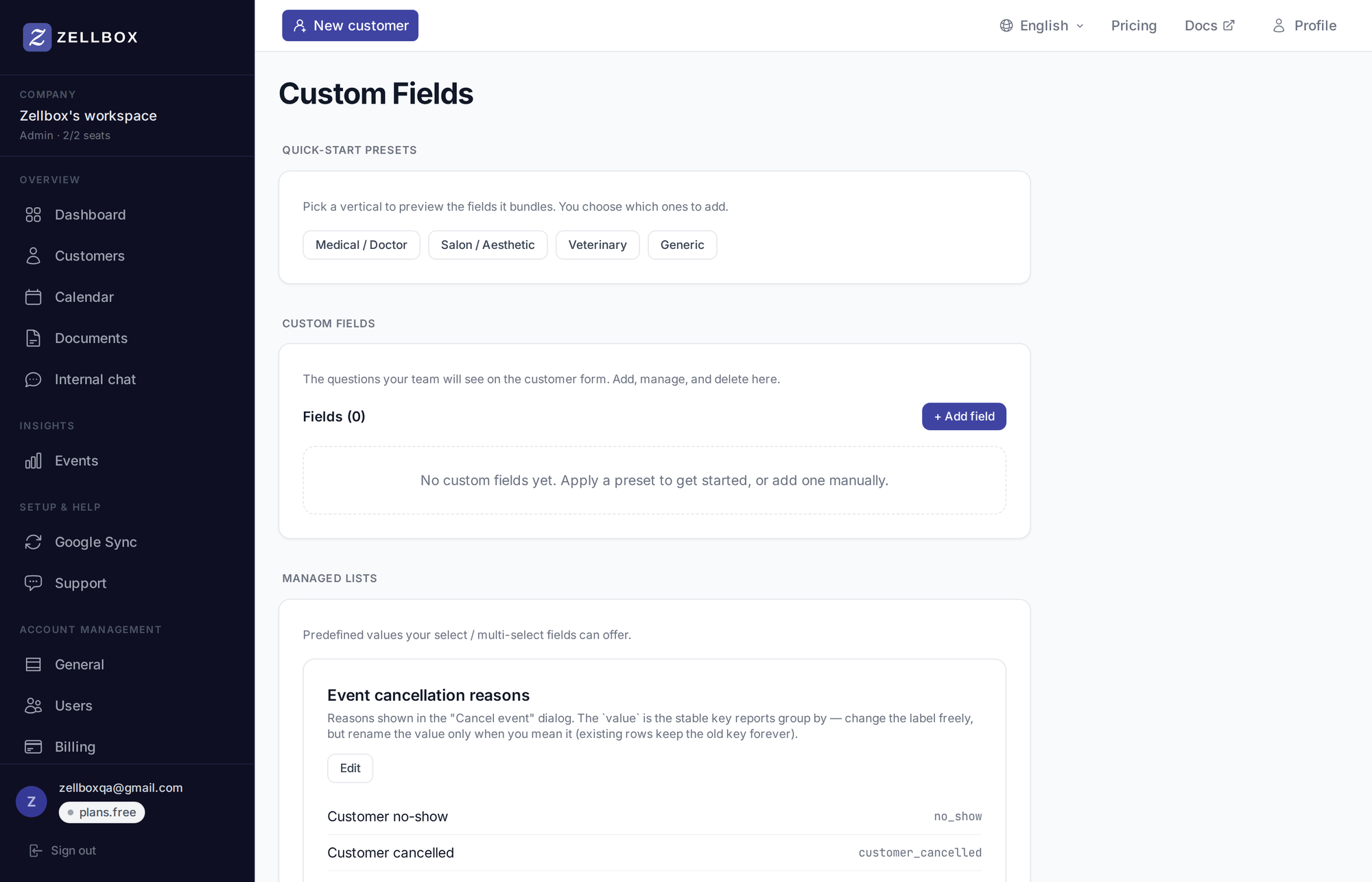 Customer fields page