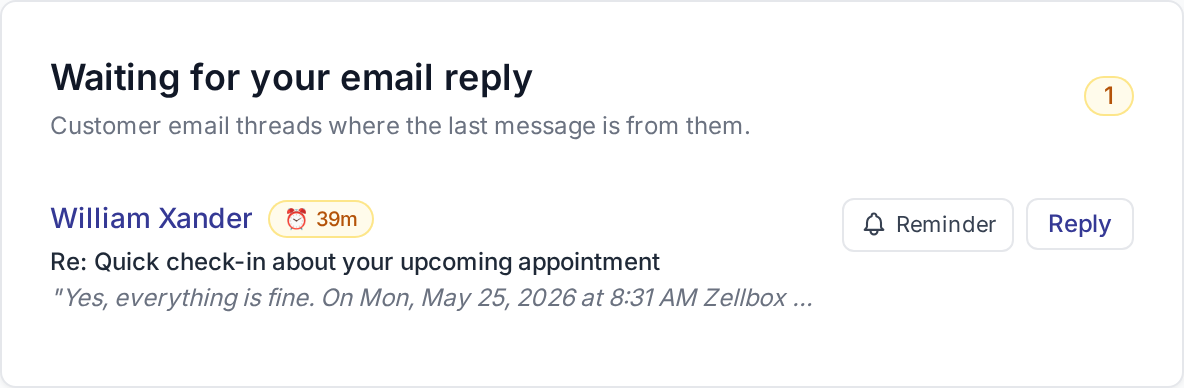 Dashboard close-up of the email pending-replies card