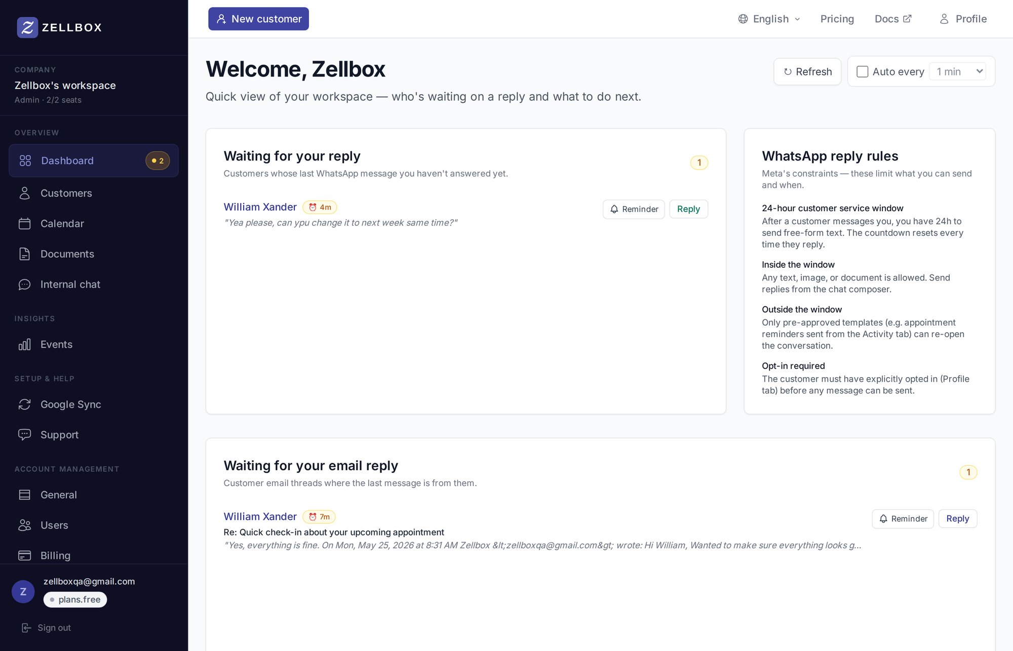 Dashboard with pending WhatsApp + email reply cards