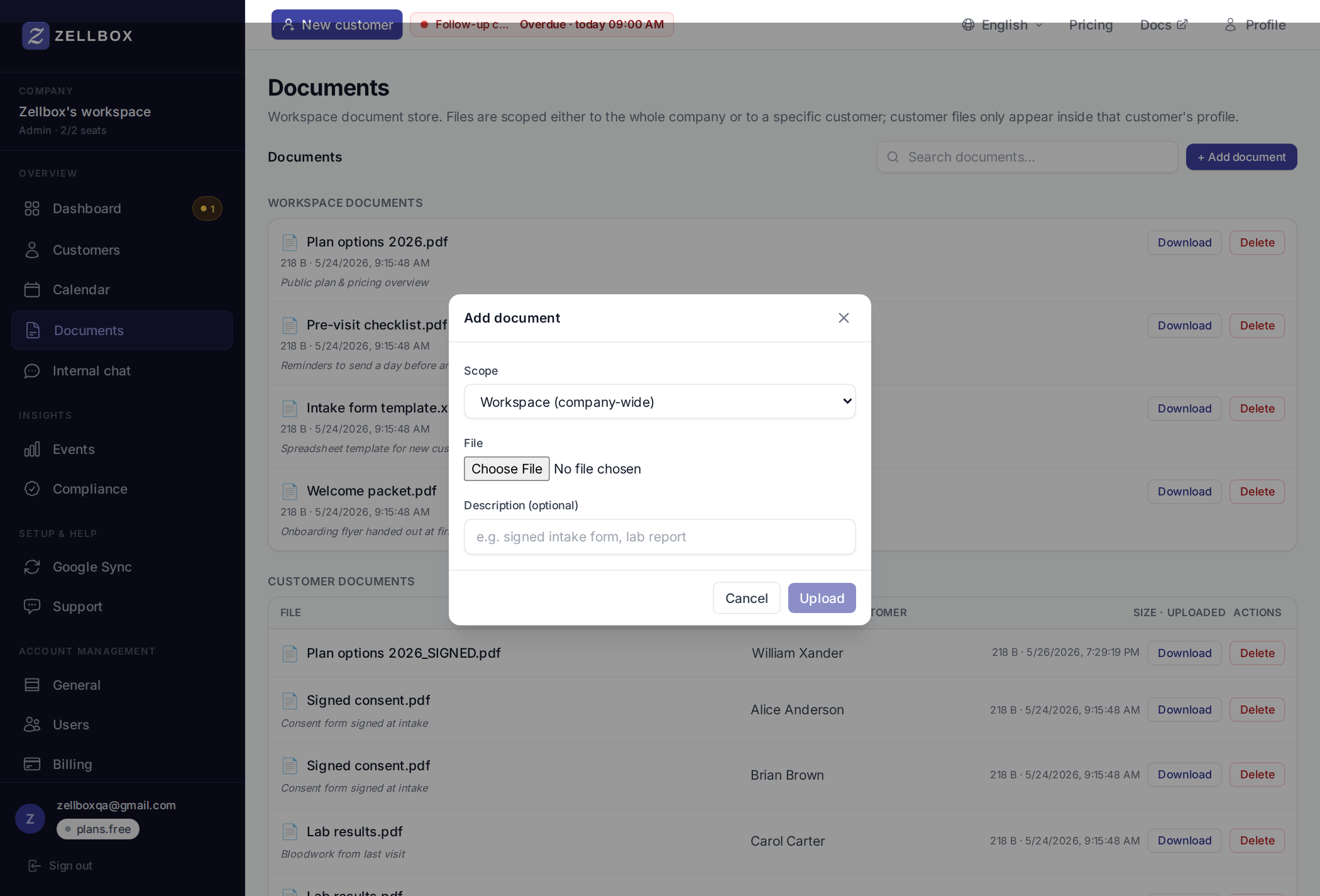 Add document modal — scope selector, file picker, description field, Cancel / Upload buttons