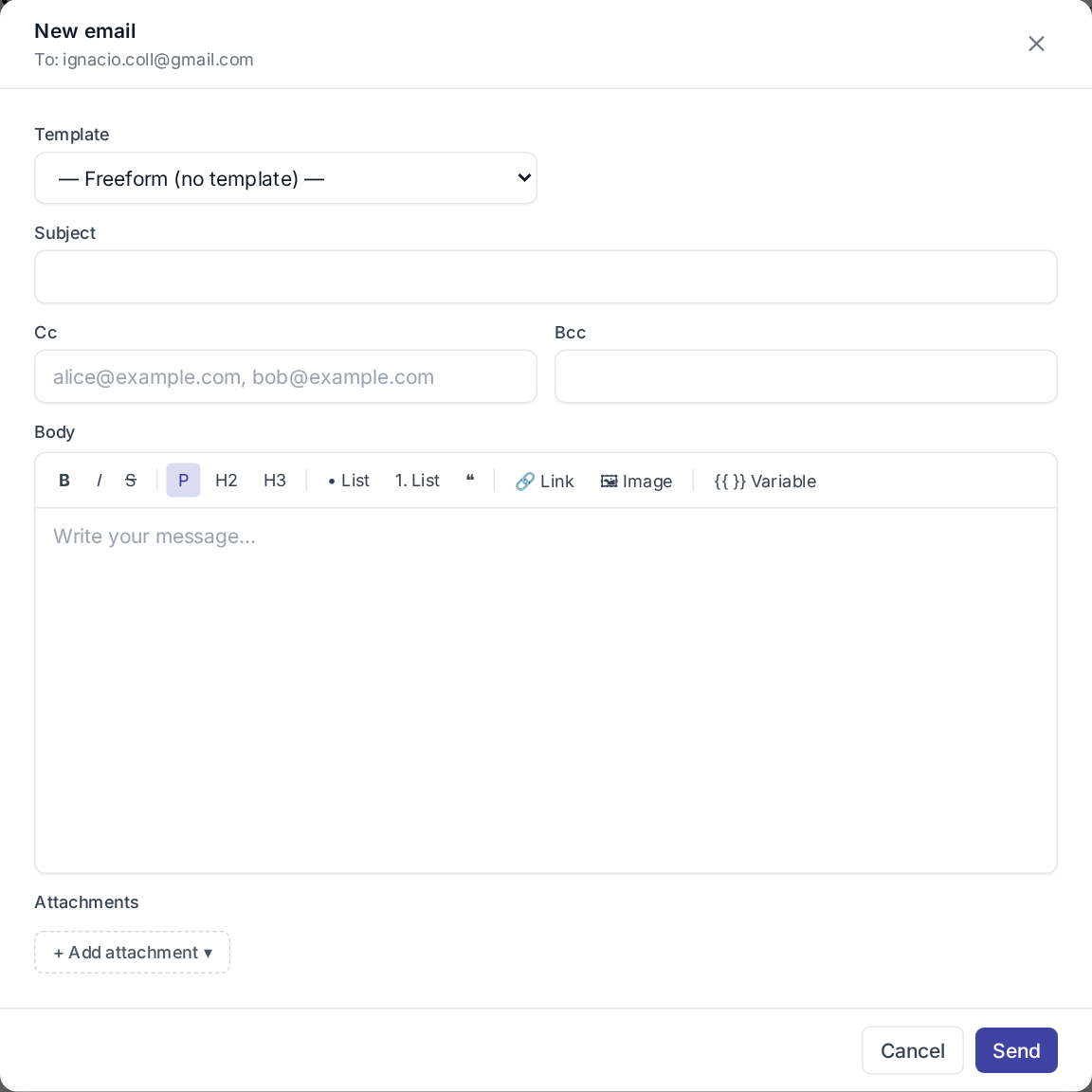 New email modal — template picker, subject, cc/bcc, rich-text body, attachments