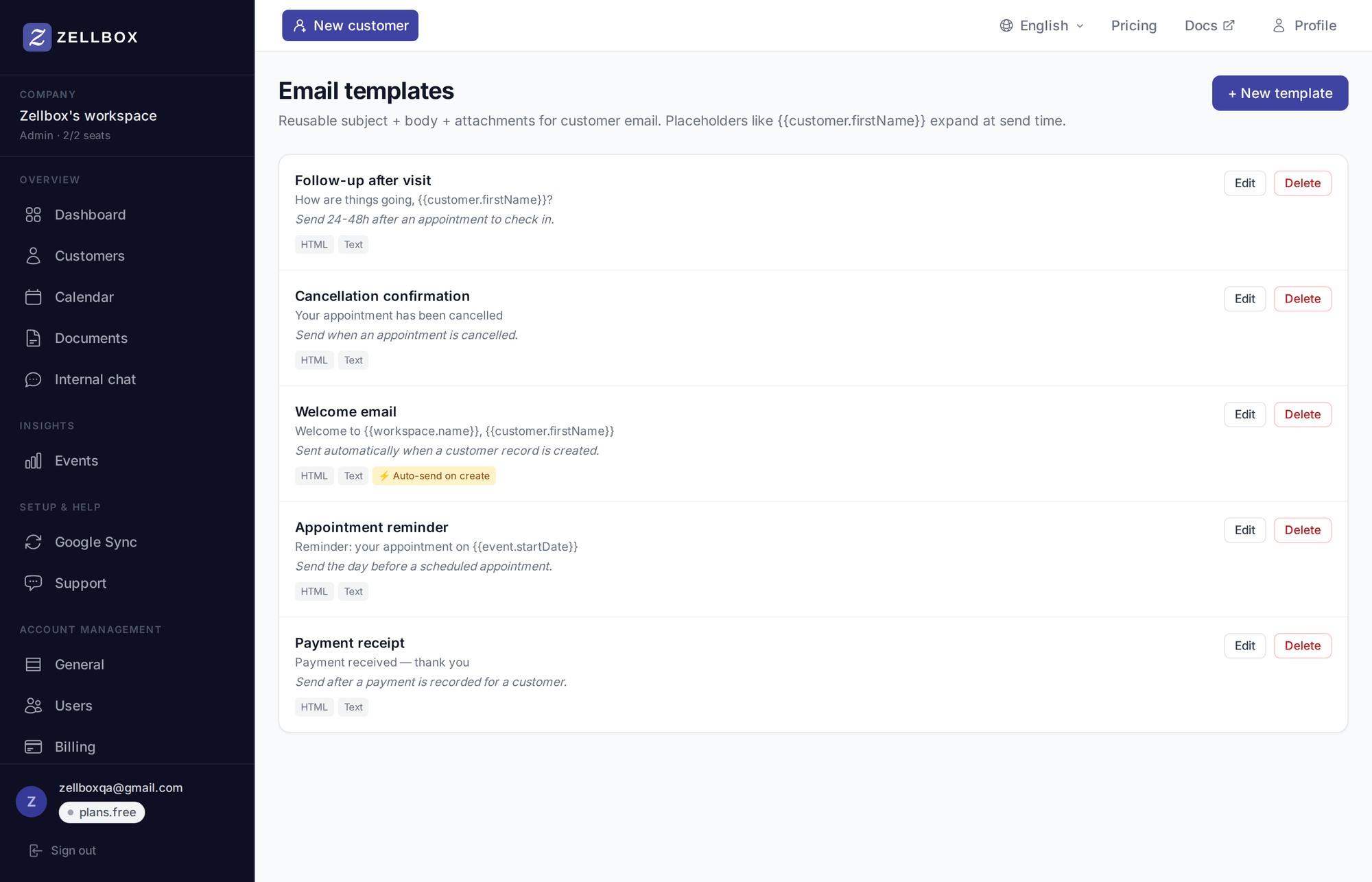 Email templates page