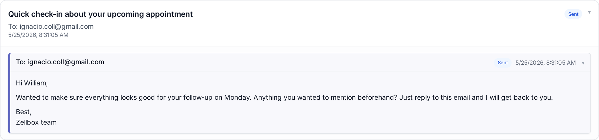 Email thread on a customer — outbound + inbound reply