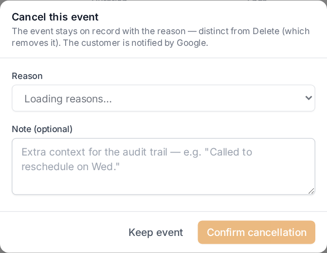 Cancel-event confirm dialog — reason picker + optional note