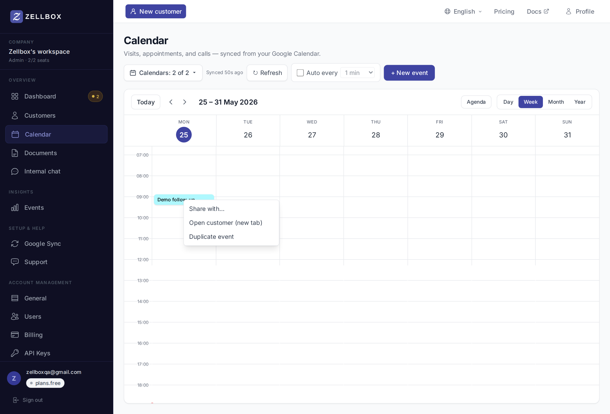Calendar event right-click context menu