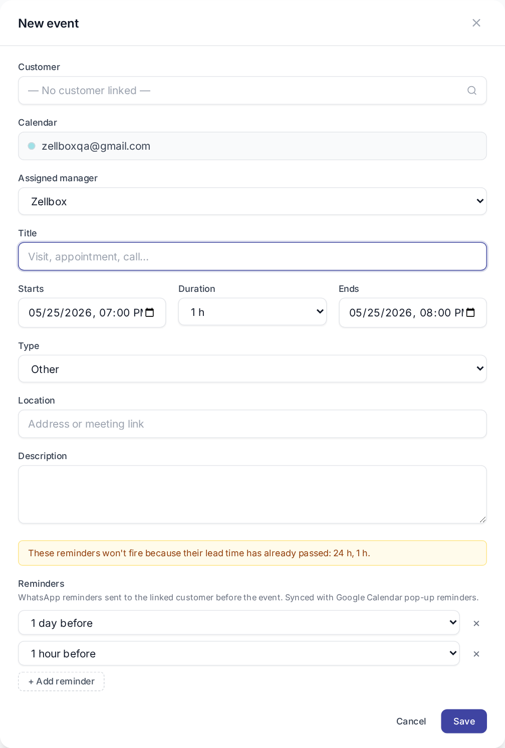 New event modal — customer + calendar + manager + title + start/duration/end + type + location + description + reminders