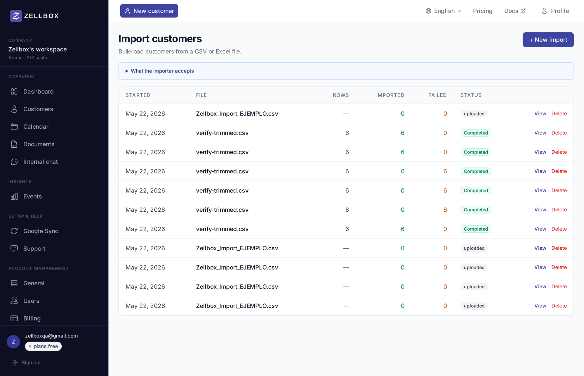 Imports page