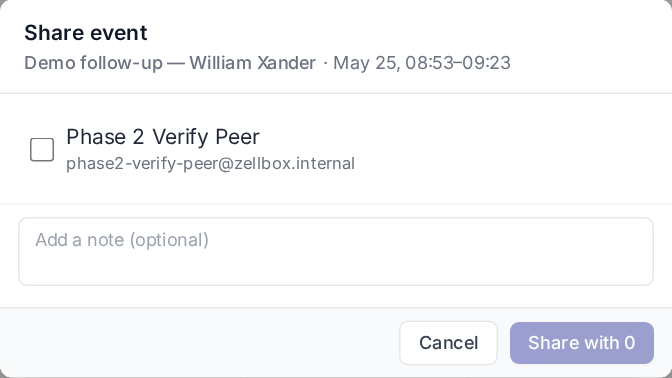 Share Event modal — member multi-select + optional note