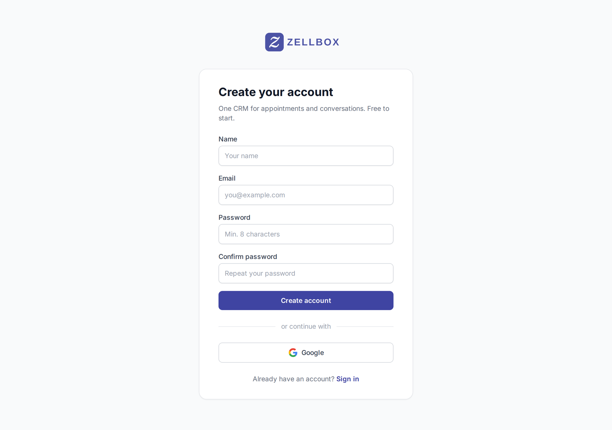 Zellbox signup page