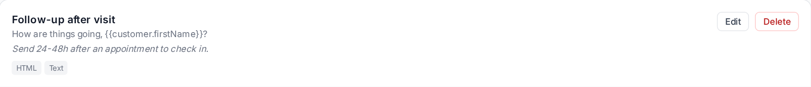 Email template row close-up — Edit / Duplicate / Delete action buttons on the right