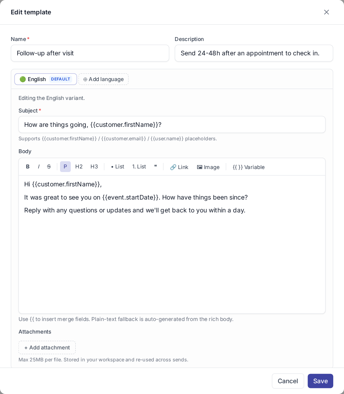 Edit template modal — name + description, language tabs (English default), subject + rich-text body with {{customer.firstName}} placeholders, attachments