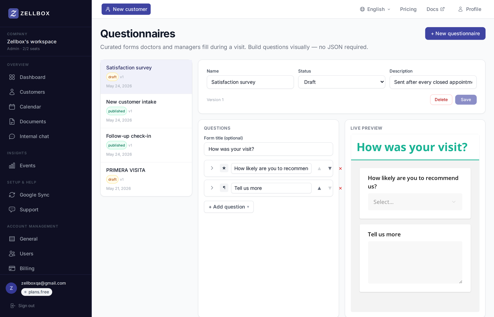 Questionnaires templates page