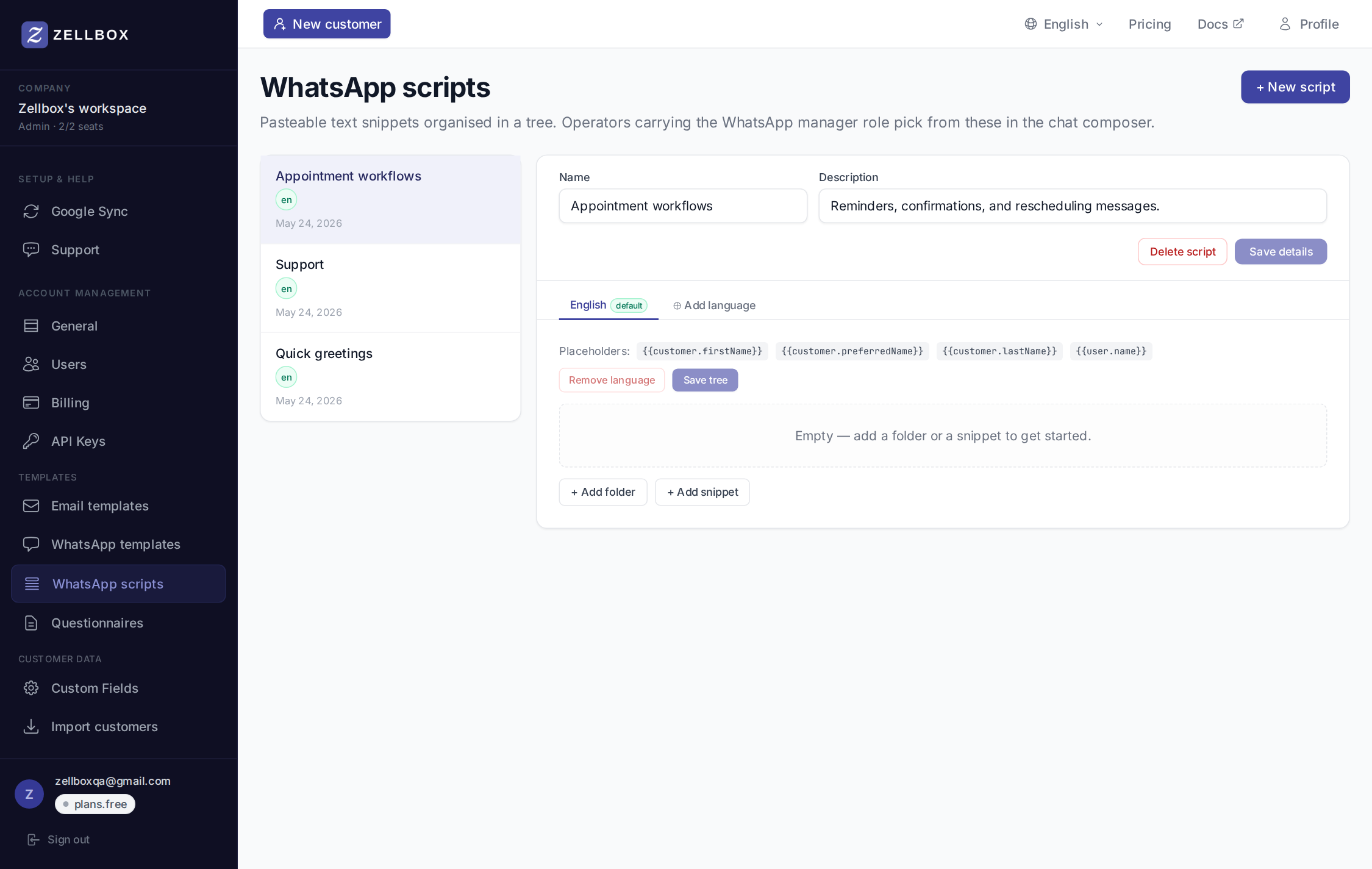 WhatsApp scripts page — script list on the left, editor with language tabs + tree on the right