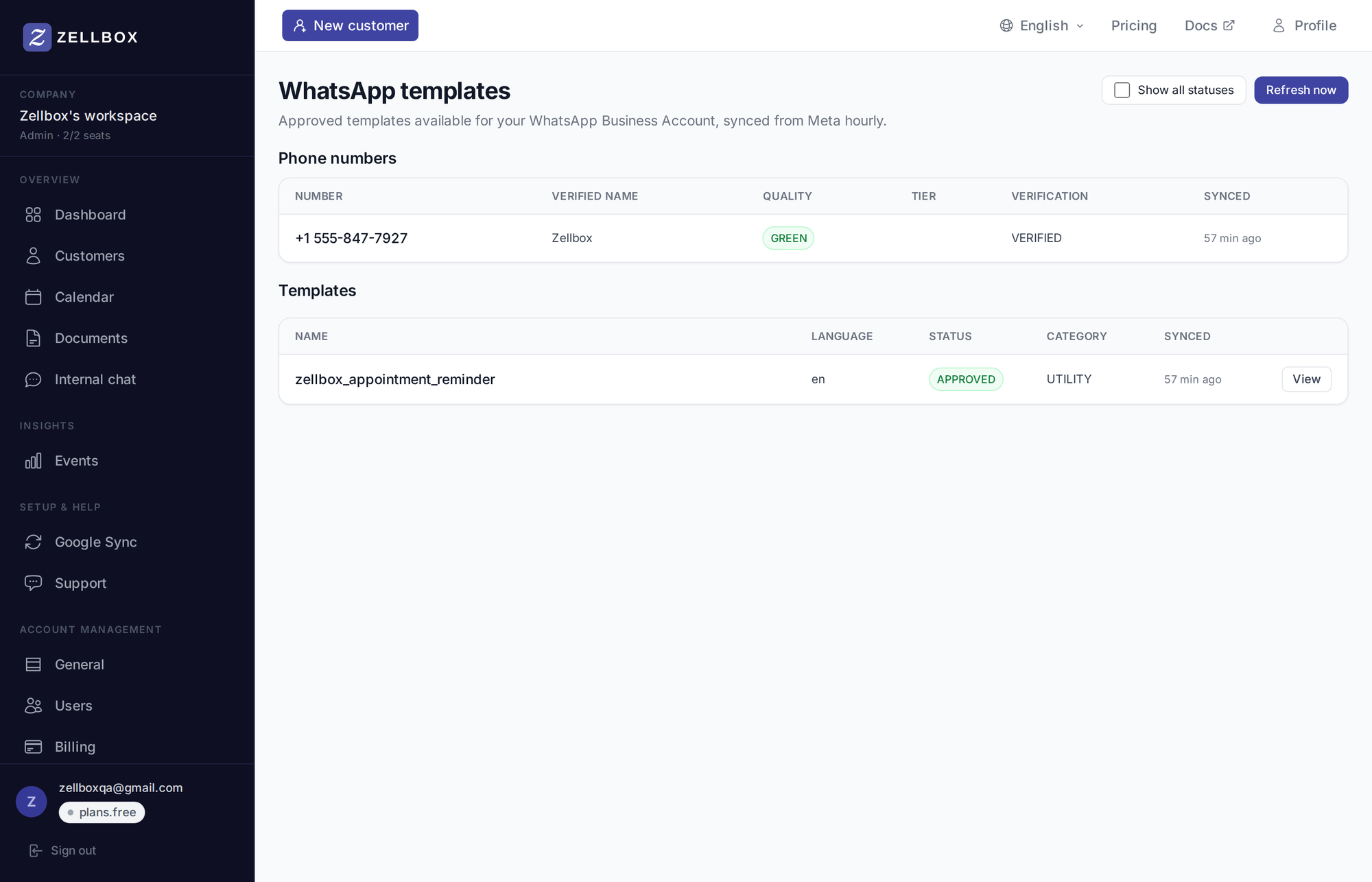 WhatsApp templates page