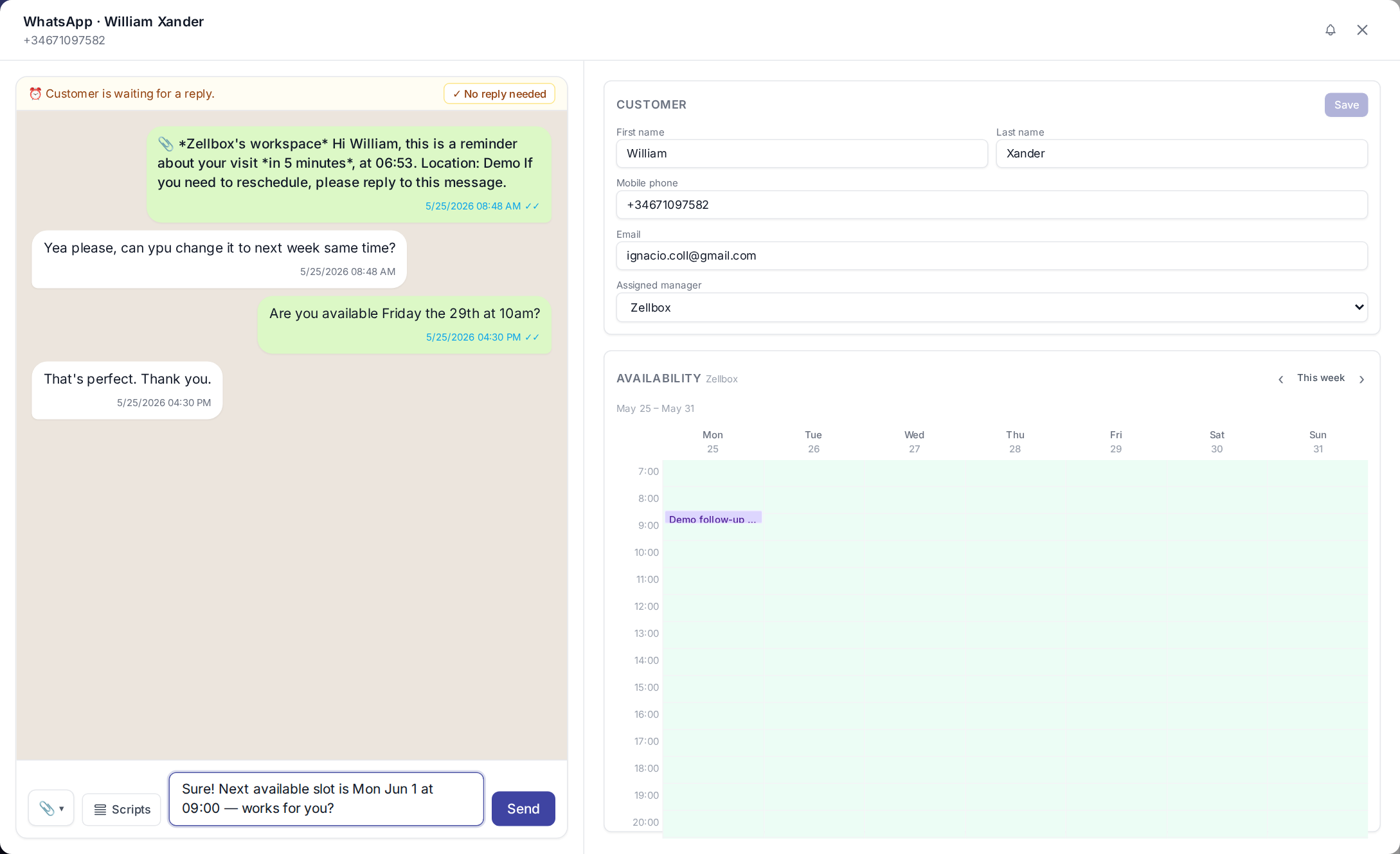 WhatsApp chat popup — thread + composer on the left, customer details and weekly availability calendar on the right