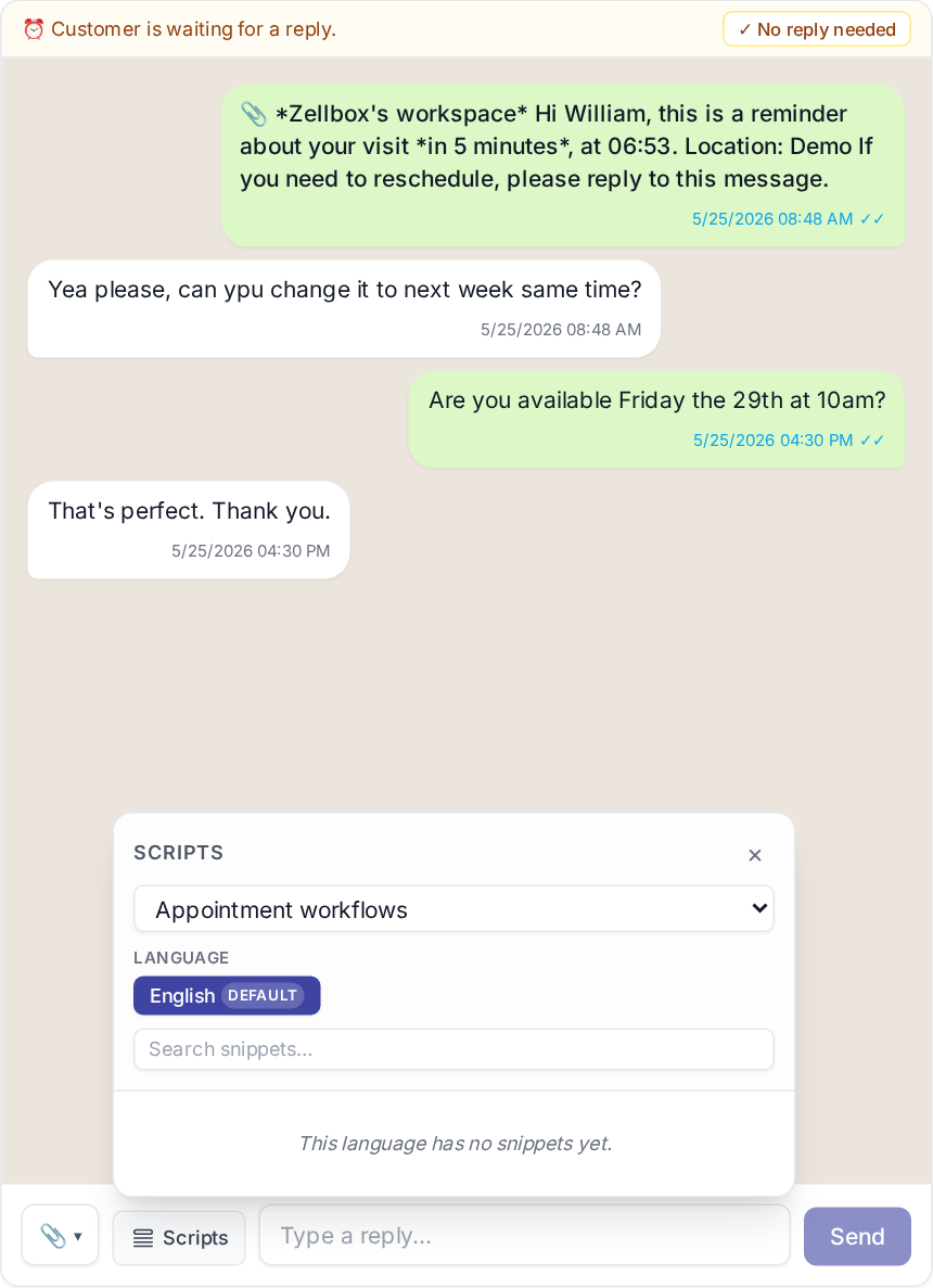 WhatsApp chat composer with the Scripts picker popover open above it